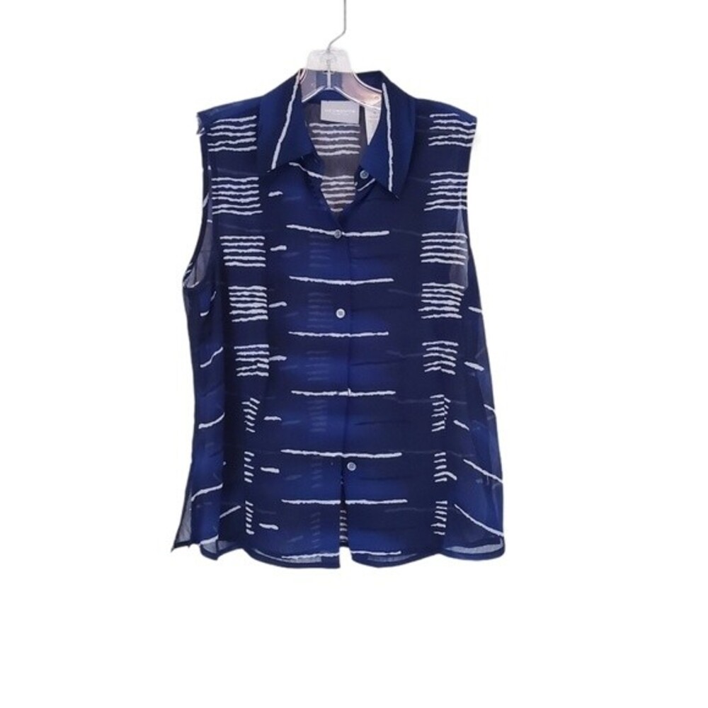 Liz Claiborne Navy Blue White Sleeveless Blouse Sheer Collared Button Down 8 M